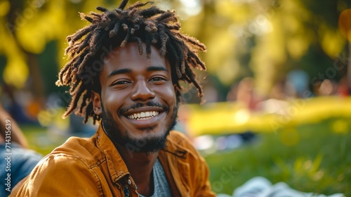 Smiling man enjoying a picnic in the park with friends, radiating positive vibes. [Man at picnic with friends