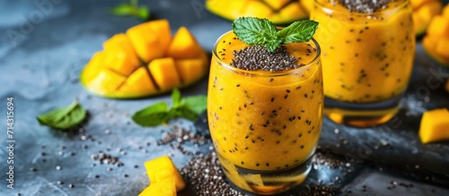 Post-workout treat consisting of chia seeds and mango puree for a wholesome lifestyle and sports nourishment. photo