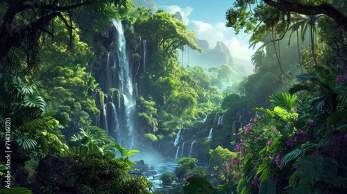  a painting of a waterfall in the middle of a jungle with lots of trees and flowers on either side of the waterfall is a bright blue sky with white clouds.