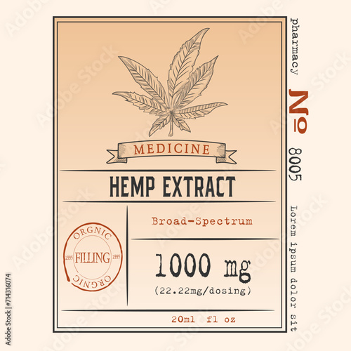Cannabis tincture design on bottle. Marijuana logo template with hand drawn elements. Vector illustration in sketch vintage style