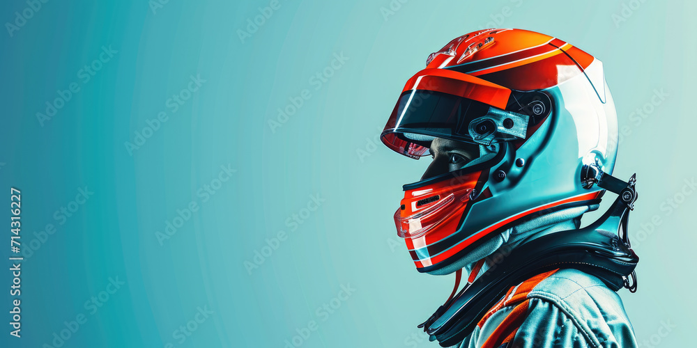 Profile view of a person wearing a futuristic motorcycle helmet with orange and white stripes against a soft blue background. Profile view of a person wearing a futuristic motorcycle helmet with orange and white stripes against a soft blue background.