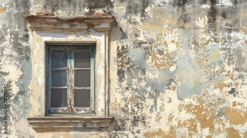  an old building with a broken window and peeling paint on the side of the building and a cat sitting on the ledge of the window sill looking out of the window.