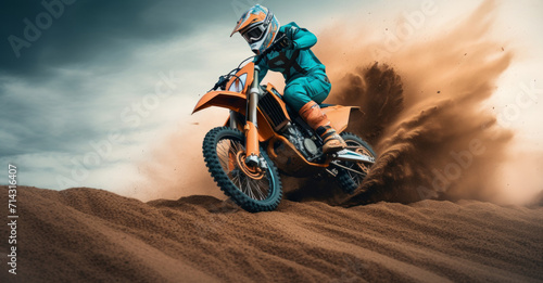 a woman rider on an orange dirt bike doing stunts © olegganko