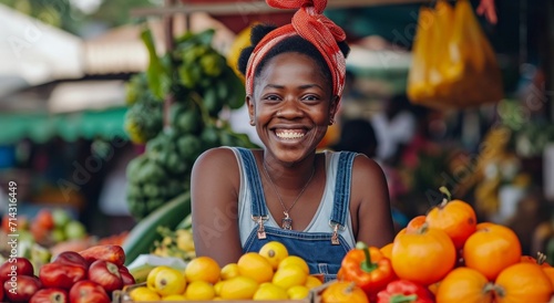 a woman selling fruits and vegetables at an outdoor market