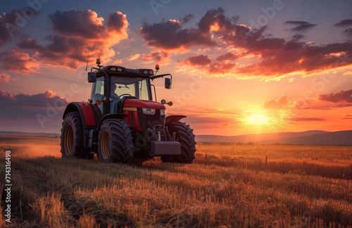 a tractor driving through a field at sunset