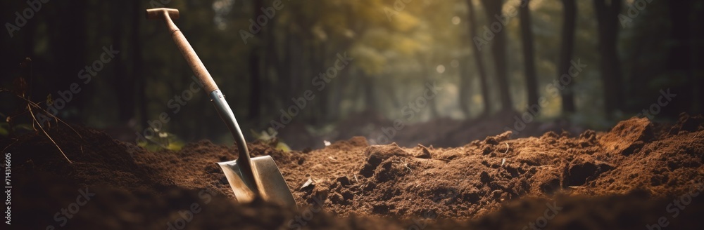 a shovel digging the ground in woodlands concept of nature on the ground a shovel digging the ground in woodlands concept of nature on the ground