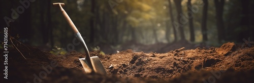 a shovel digging the ground in woodlands concept of nature on the ground