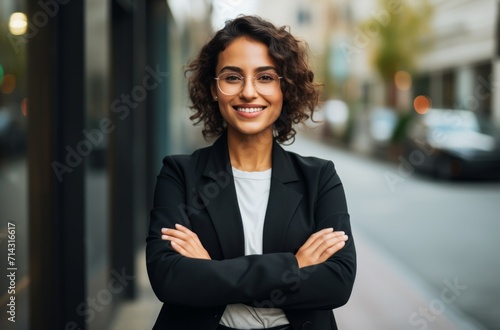 a young business woman smiles in front of an office building with her arms crossed