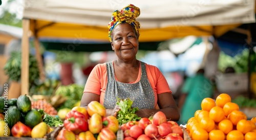 a woman selling fruits and vegetables at an outdoor market