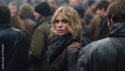 a woman talking to reporters in a crowd of people