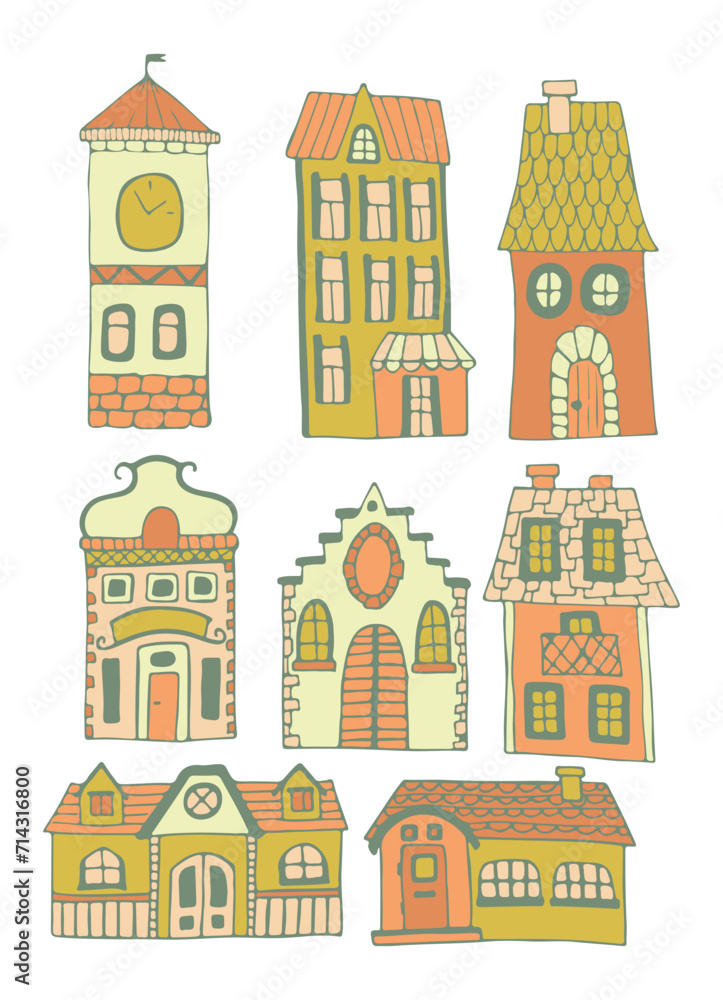 Set of cute fairytale cartoon houses. Building for a small town. Houses isolated on a white background. Vector illustration. Colored flat vector illustration.