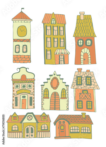 Set of cute fairytale cartoon houses. Building for a small town. Houses isolated on a white background. Vector illustration. Colored flat vector illustration.