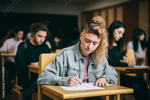 Portrait of a LGBQT student in class at a desk