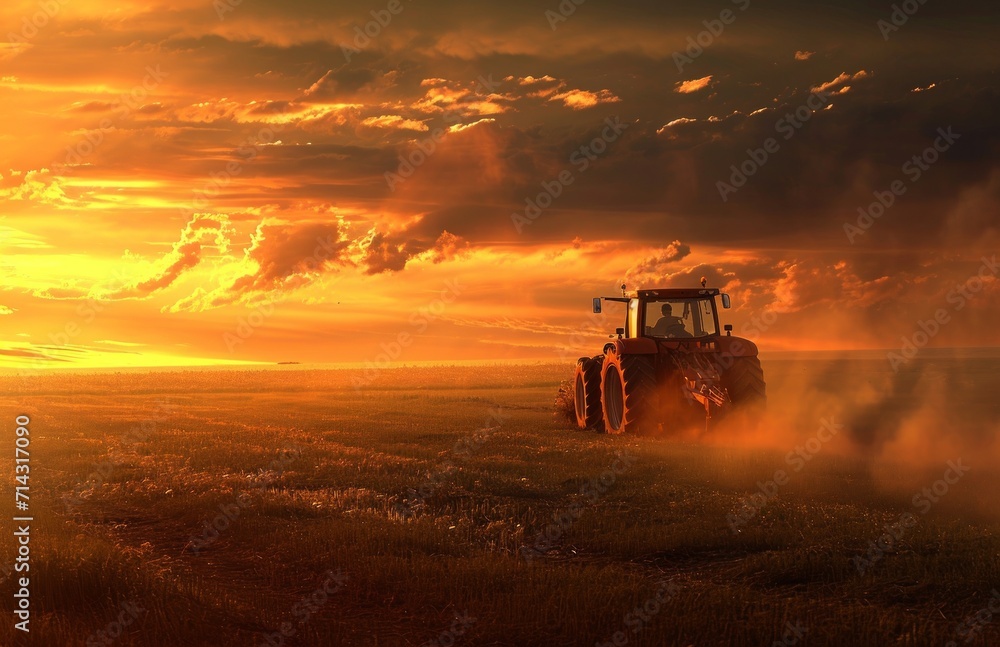 an tractor is driving in the field at sunset an tractor is driving in the field at sunset