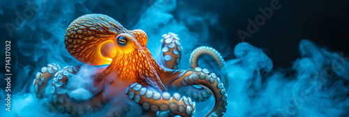 orange Octopus in blue smoke