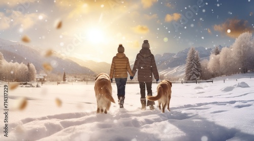 family with dog walking and playing in snow