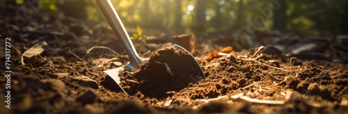 an antique digging shovel is hidden in the dirt