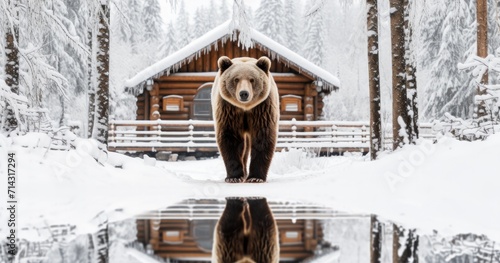 an image of a bear walking next to a log cabin