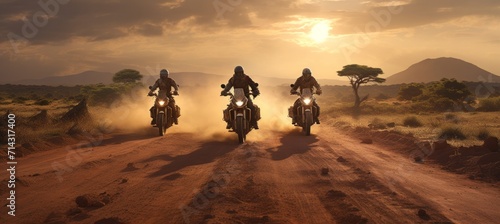 four motorcycles on a dirt road © olegganko