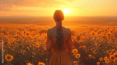  a woman standing in a field of sunflowers with her back to the camera, with the sun setting behind her and a field of sunflowers in the foreground.
