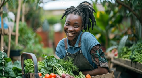 female urban farmer smiling with cart containing vegetables