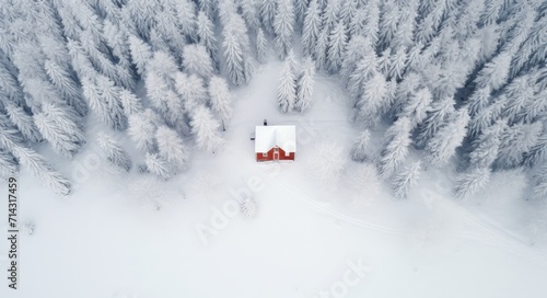 aerial shot of a small house in a winter forest with snow