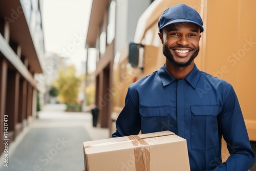 delivery person holding box holding up sign