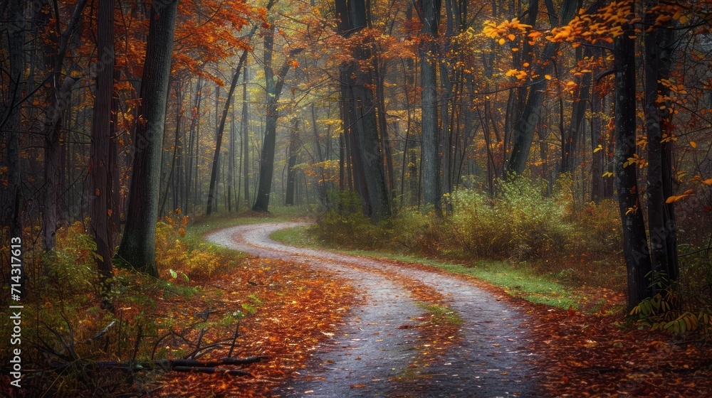 Obraz premium a dirt road in the middle of a forest with lots of leaves on the ground and trees with yellow and orange leaves on the ground and a path in the middle of the woods.