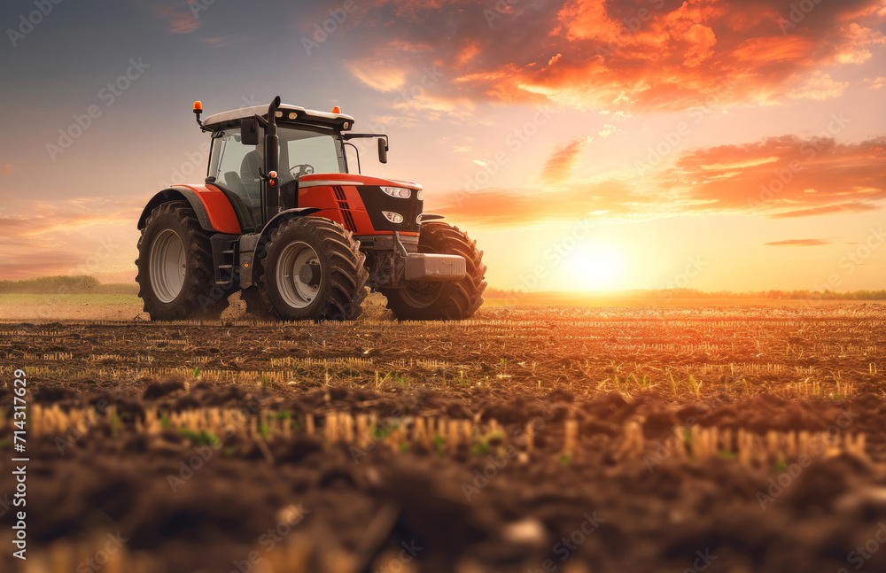 an orange tractor is driving through a field at sunset an orange tractor is driving through a field at sunset