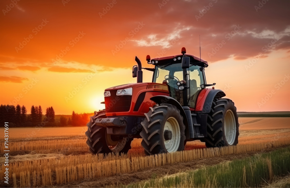an orange tractor is driving through a field at sunset an orange tractor is driving through a field at sunset