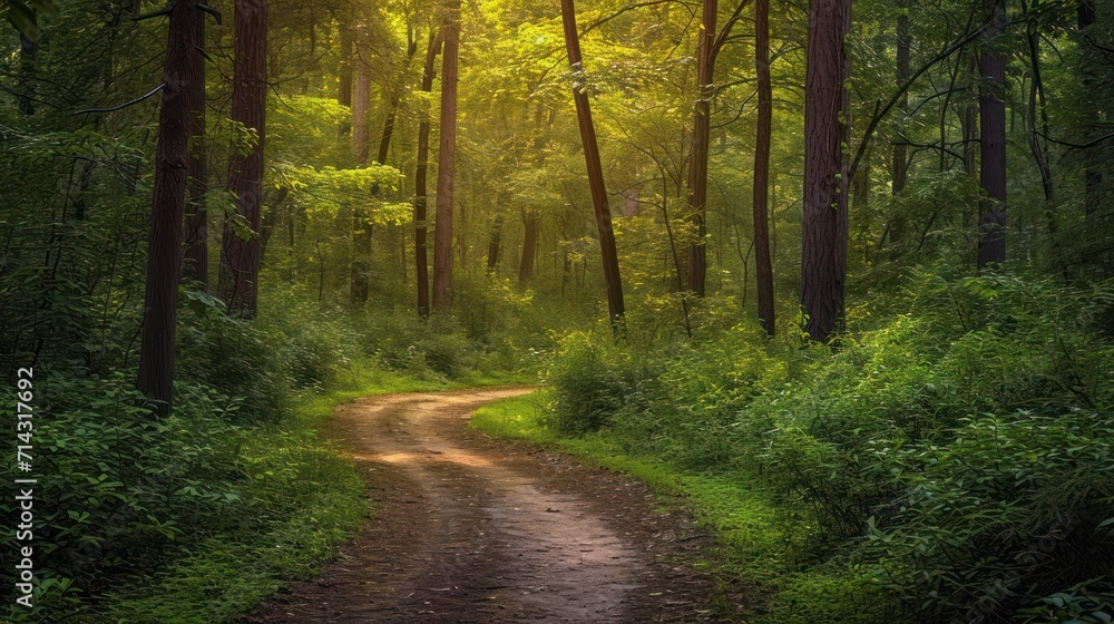  a dirt road in the middle of a forest with lots of trees and bushes on both sides of the dirt road is surrounded by tall trees and lush green foliage.