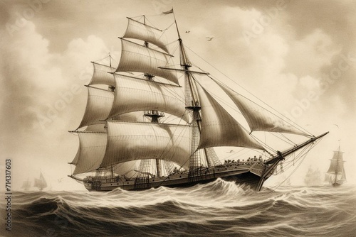 Vintage artwork showcasing a sailing vessel. Generative AI