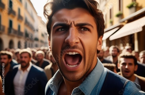 activist protesting against rights violation. angry Italian protester screaming on street, closeup.