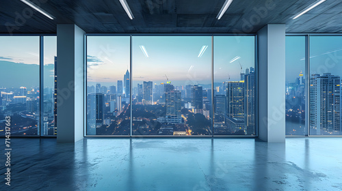 Foto Empty loft unfurnished contemporary interior office with city skyline and buildings city from glass window