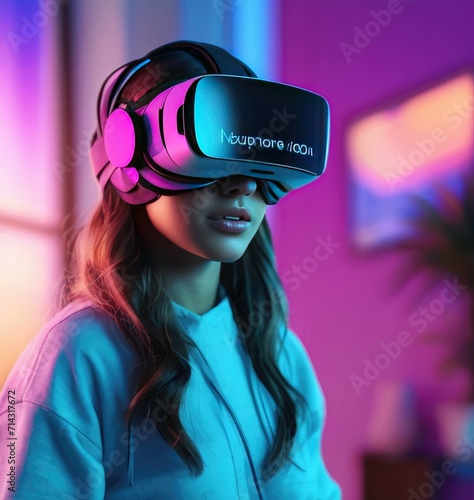 neon portrait of young female wearing VR glasses, VR headset virtual reality-Technological progress and the use of artificial intelligence of metaverse