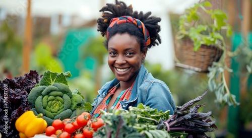 female urban farmer smiling with cart containing vegetables