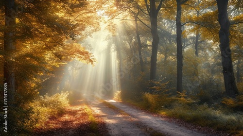  a dirt road in the middle of a forest with sunbeams shining through the trees and leaves on either side of the road is a dirt road in the foreground. © Anna