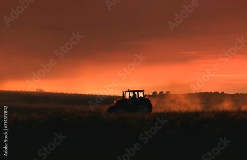 an tractor is driving in the field at sunset