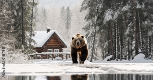 an image of a bear walking next to a log cabin