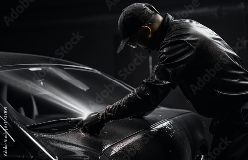cleaner vacuuming a black car