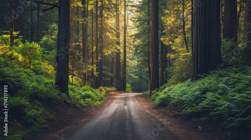  a dirt road in the middle of a forest with tall trees on both sides of the road and the sun shining through the trees on the other side of the road.