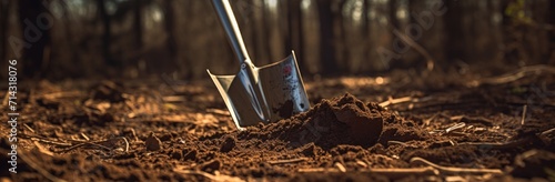 an antique digging shovel is hidden in the dirt