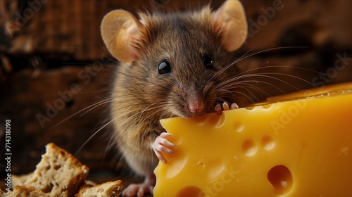  a rat eating a piece of cheese with it's paws on the edge of a piece of cheese next to a piece of bread and a piece of cheese.