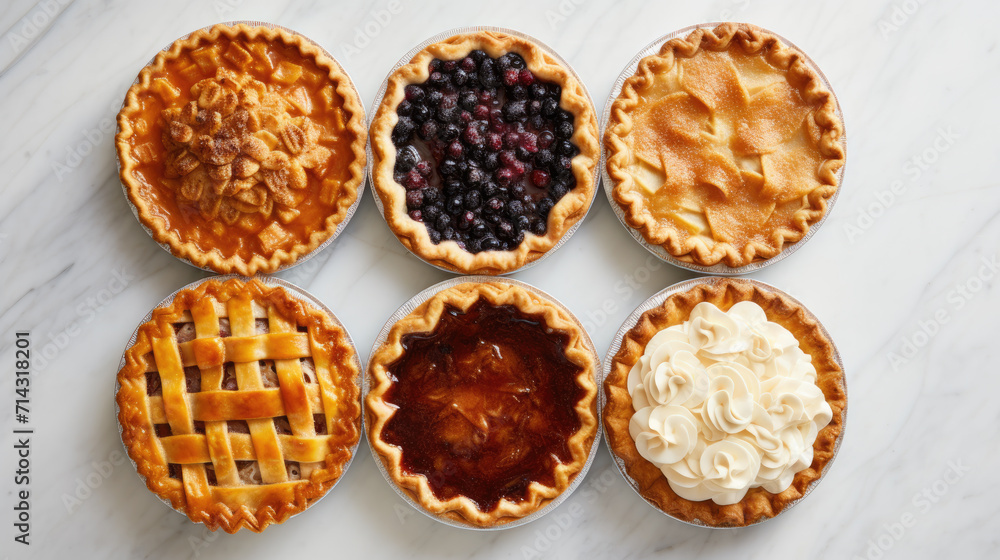 Overhead shot of several different pies on a white marble table
Overhead shot of several different pies on a white marble table