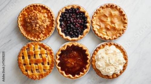 Overhead shot of several different pies on a white marble table	
