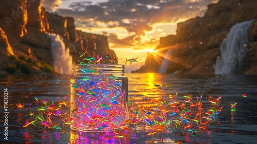 A school of tiny neon tetras, jumping collectively from a simple glass jar into a wide river with a backdrop of towering cliffs and a cascading waterfall, illuminated by the golden light of the settin