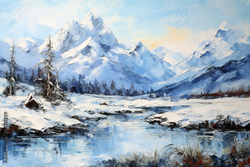 Winter Mont Blanc France, Christmas Painting, Rustic Landscape, claude monet style
