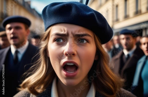 young french female in beret striking on street. activist protests against rights violation.