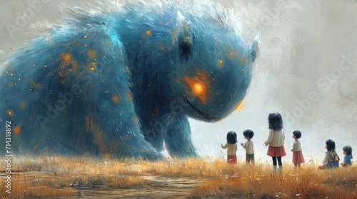Children looking at a giant elephant in the forest. Digital painting. Generative AI photo