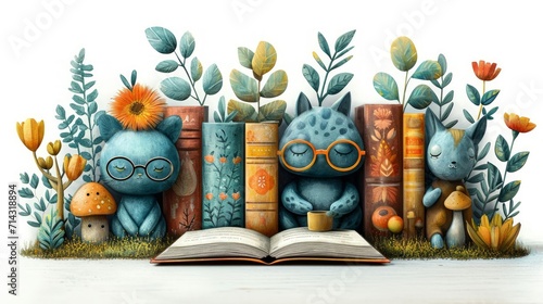 Open book with cute monsters, flowers and plants on white background. Generative AI photo